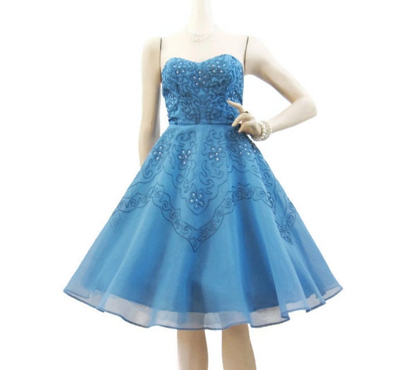 50s Dress Vintage Cupcake Blue Soutache Rhinestone Strapless
