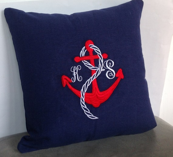 Embroidered pillow Nautical monogram pillows Custom letter and anchor