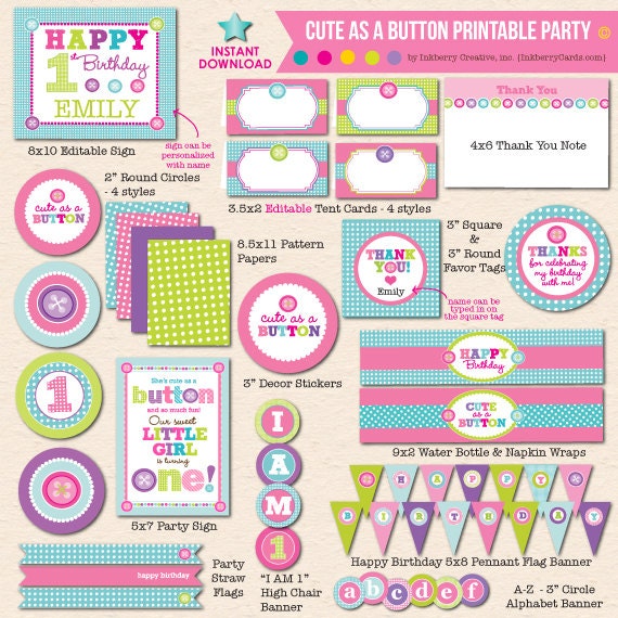 INSTANT DOWNLOAD! Cute as a Button First Birthday Party - DIY/Printable Complete Party Pack Il_570xn