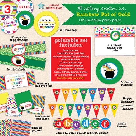 INSTANT DOWNLOAD! Rainbow Pot of Gold Birthday Party - DIY Printable Complete Party Pack Il_570xn