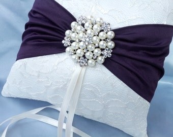 Ivory Dark Purple Ring Bearer Pillow Lace Eggplant Ring Pillow Pearl Rhinestone Accent