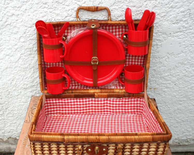 Large Picnic Basket Set Red and White Gingham Red Hard