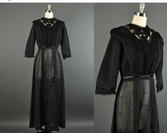 SALE Vintage 1910s Dress / Edwardian lace Dress / black lace mourning ...
