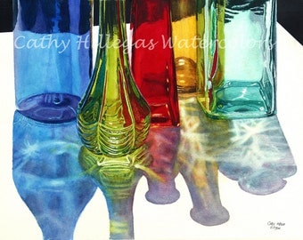 Glass Bottles in Sun art watercolor painting print, 11x14, Blue Green Red Yellow Teal, Cathy Hillegas, watercolor bottles, watercolor print