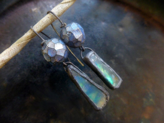 The Lightless Sector. Iridescent cosmic rustic assemblage earrings.
