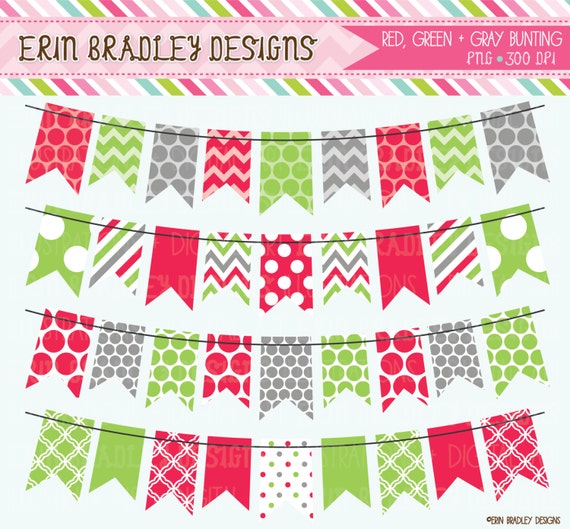 50% OFF SALE Holiday Red Green and Gray Bunting Banner Flag Clipart Clip Art Set Personal & Commercial Use Il_570xn