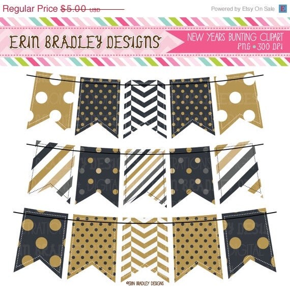 50% OFF SALE New Years Black & Gold Bunting Clipart Holiday Clip Art Graphics Banner Flags Il_570xn