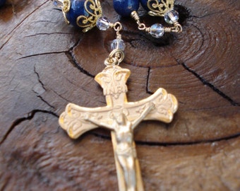 and Gold Rosary Lapis  Crystal Wrapped in Gold Unbreakable Chain ...