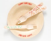 Happy Birthday Plates & Forks - 10 Wooden Plates - 7" Dessert/Appetizer Size or 9"