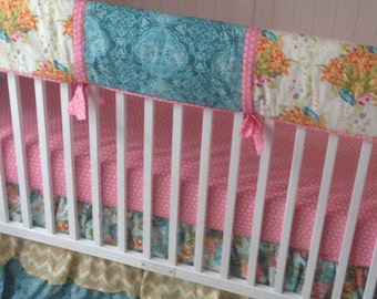 Bumperless Ruffled Crib Bedding Set Teal Pink Yellow