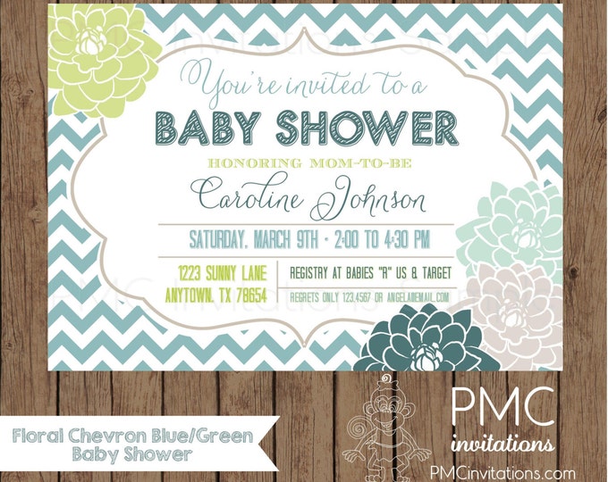 Custom Printed Chevron Floral Baby Shower Invitations - 1.00 each with envelope