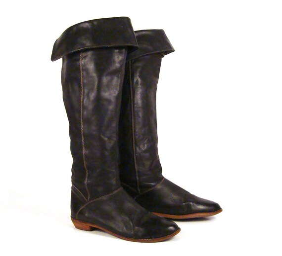 Tall Leather Boots Vintage 1970s Zodiac Black Slouch