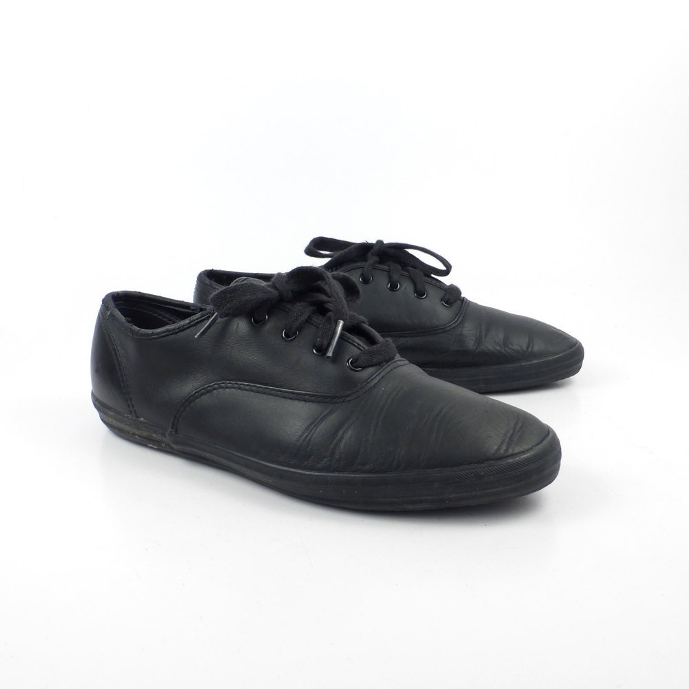 Black Leather Keds Sneakers Vintage 1990s Shoes Women's