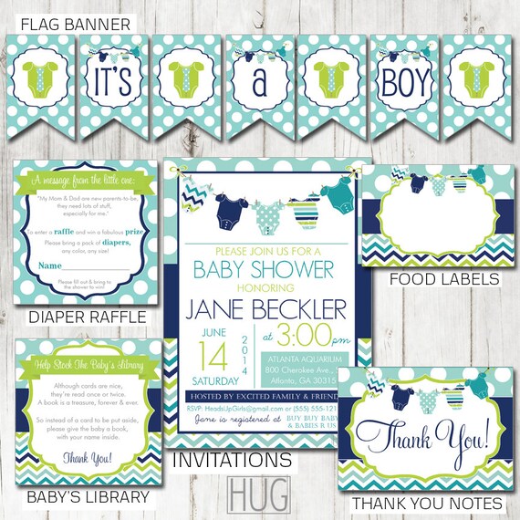 Digital Printable Baby Shower Party Package Blue Clothesline