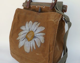 Grunge Daisy on a Vintage Swiss Canvas Military Bag Satchel - Hand Painted