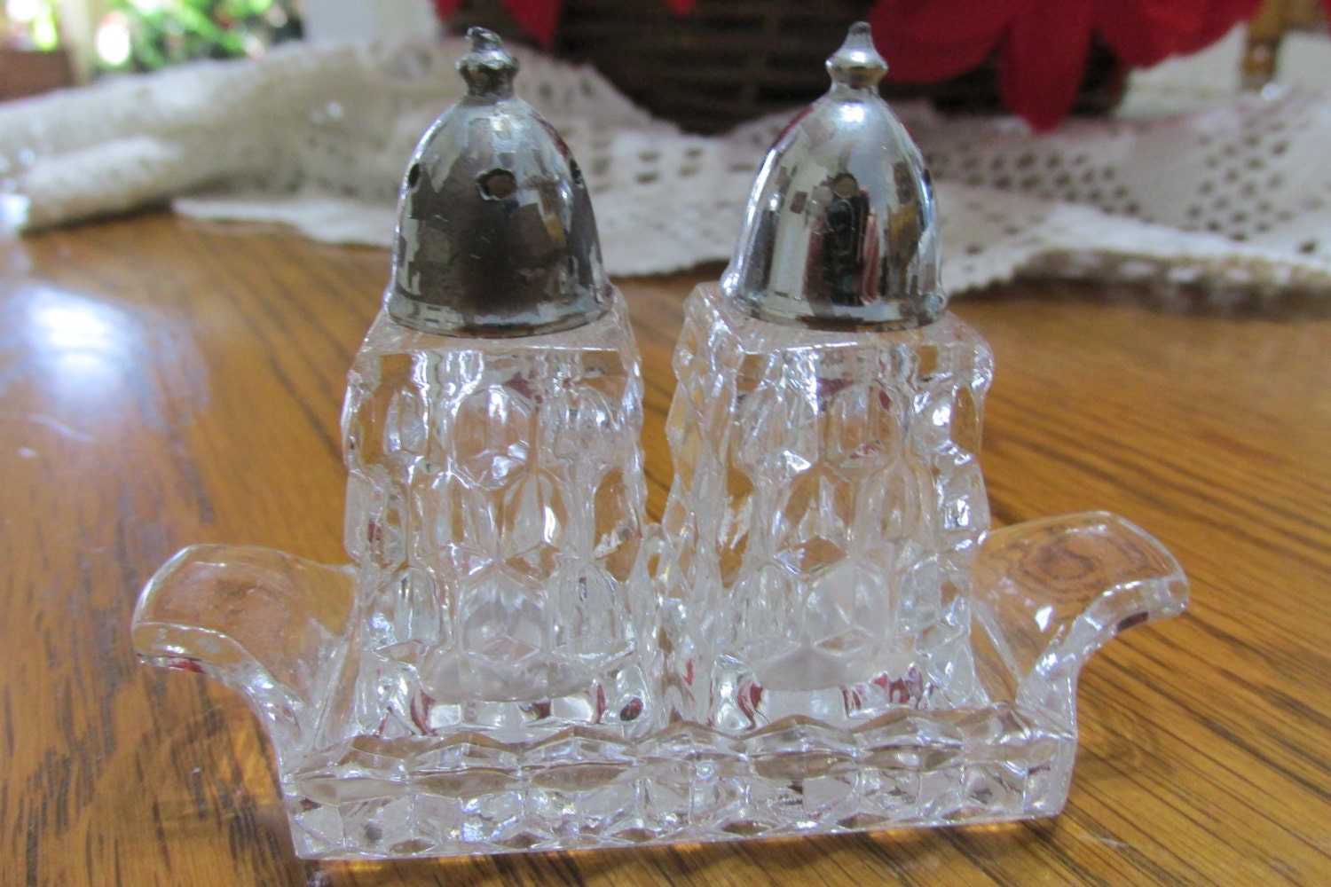 Fostoria 3 Piece Salt and Pepper Shakers and Tray American
