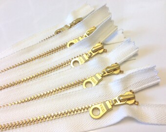 Organic Tape Zippers, choose 4, 5 or 6 inch size, 10 pieces, organic cotton tape, metal teeth, eco friendly, gold donut pull, zakka