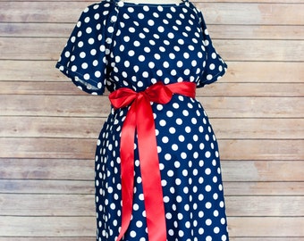 Navy Polka Dot Maternity Hospital Delivery Gown- Super Soft -Perfect Snaps for Breastfeeding, Skin to Skin, and Epidural