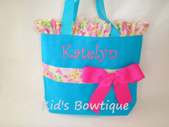 Butterflies Personalized Ruffles and Bow Tote Bag- Monogrammed Flower Girl Gift- Ribbon Purse