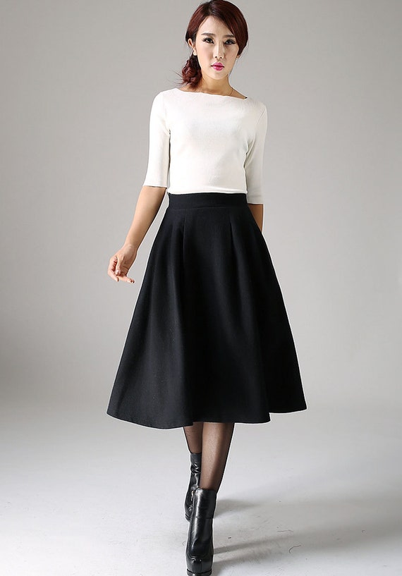 wool pleated skirt black skirt winter skirt retro skirt