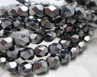Metallic Gun Metal Firepolished 6mm Czech Glass Beads