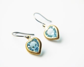 Light Blue Heart Swarovski Titanium Earrings Vintage Dainty Romantic Valentine