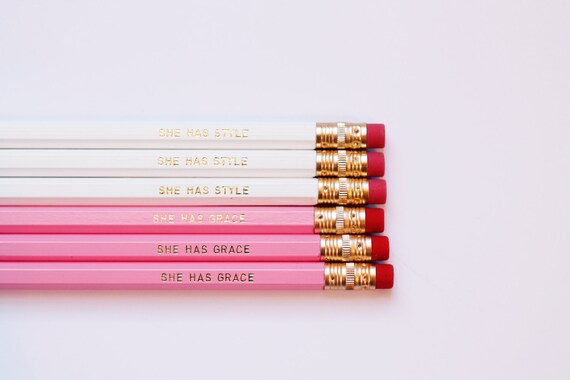 Style & Grace Pencils - White and Pink Pencils With Gold Foil Text - Set of 6 Il_570xn