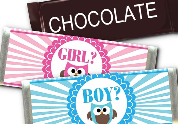 12 Candy Bar Wrappers, Baby Gender Reveal Party, Pink, Blue, Owls Il_570xn