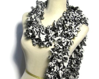 Sale, Black and Gray Scarf, Ruffle Scarf, Knit Scarf, Hand Knit Scarf, Gift For Her, Fashion Accessory, Snow Leopard Scarf