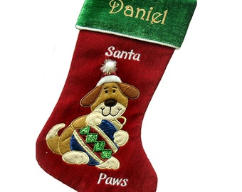 Personalized Holiday Dog Christmas Stocking - Santa Paws Dog Stocking Design Holding Christmas Ornament Cute Stockingfor Dogs Personalized
