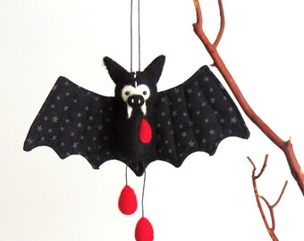 Halloween bat ornament black felt vampire bat plush with needle felted red blood drops