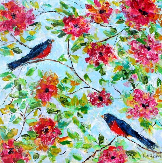 Original oil painting Bird Art - Summer Birds and Flowers Palette knife modern impressionism impasto by Karen Tarlton