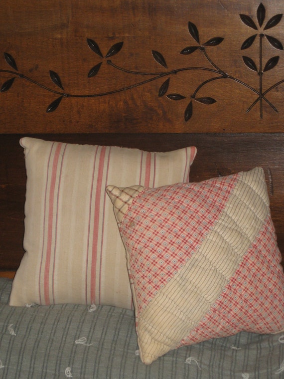 2 Pillows Antique Quilt Ticking 1800 Early Fabric Cottage