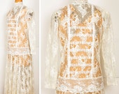 Vintage 1980s Downton Abbey Flapper DROPWAIST Lace Wedding Dress S/M