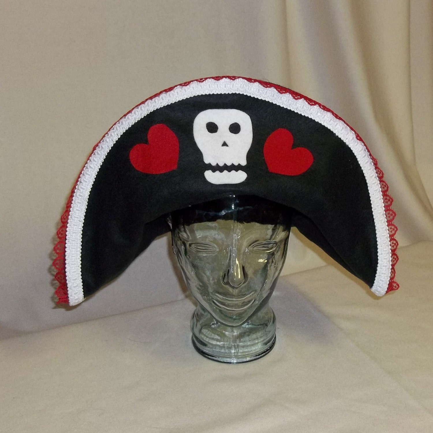 Deluxe Black Pirate Hat Bicorne with Skull and Hearts