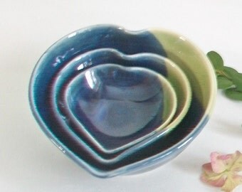 Nesting Heart Bowls - Set of 3, Handmade, Blue/Green and Green -- 4.5 inch Diameter - Ready to Ship