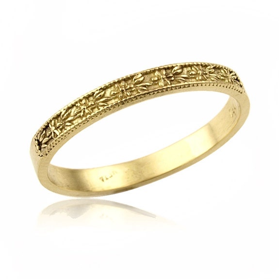 14K Gold Classic Floral Engraved Wedding Band Gold Wedding