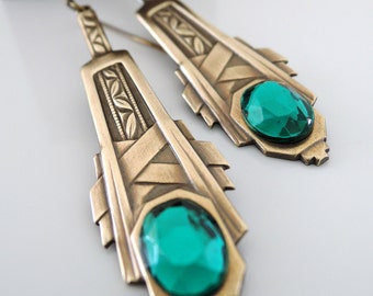 Art Deco Earrings - Emerald Green Earrings- Vintage Earrings - Brass Earrings - May Birthstone - handmade jewelry