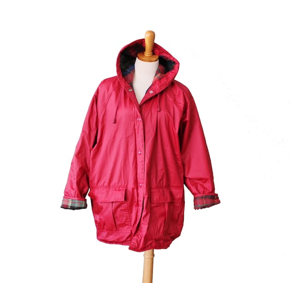 Vintage 80s Red Rain Coat with Plaid Lining Women 2XL xxl