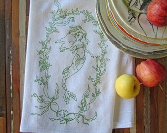 Tea Towel - Screen Printed Organic Cotton Towel - Eco Friendly Dish Towel - Whimsical - Mermaid - Nautical - Seaweed - Classic Flour Sack