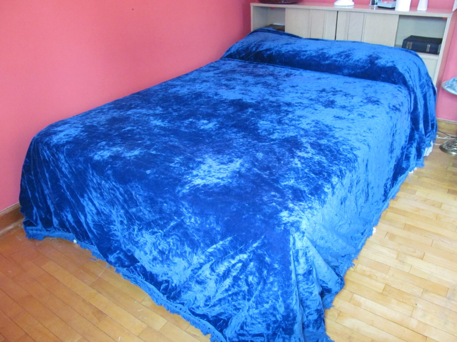 Vintage Bedspread Royal Blue Crushed Velvet Full or Queen Size