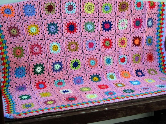 Exquisite PINK Flowers Granny Squares Crochet Blanket Afghan