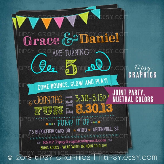 Tumble, Jump Flip & More. Joint Chalkboard Trampoline Bounce House or Little Gym Birthday Party Invite by Tipsy Graphics Il_570xn