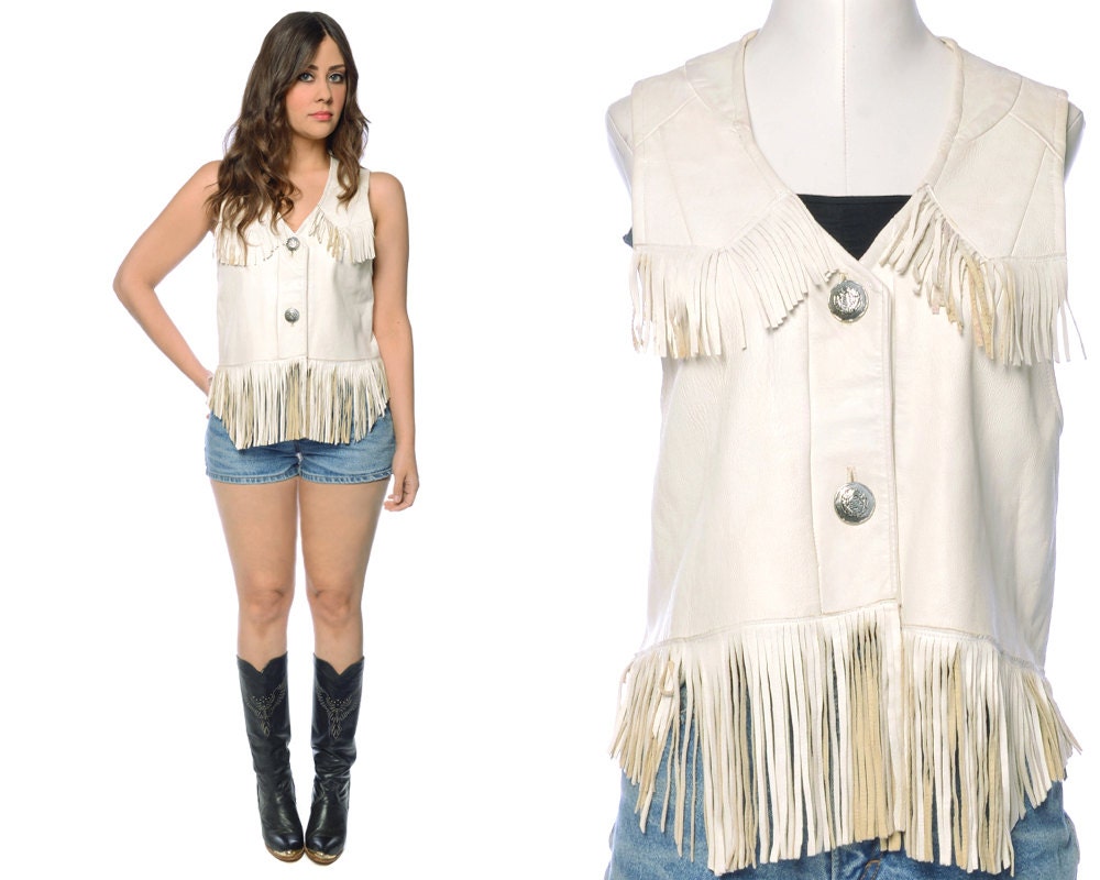 Fringe Vest 70s Hippie White Leather Western by GravelGhostVintage