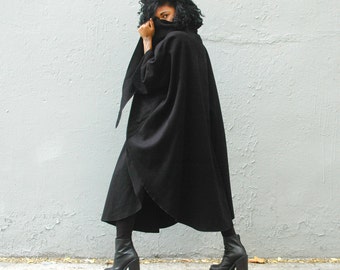 80s Black Wool Cloak Cape Coat