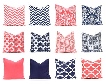 Coral Pillow Covers - Master Bedroom Decor - Decorative Pillow Covers - Navy Blue Pillow Covers - Home Decor - Coral Bedding - Bedroom Decor