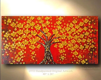 ORIGINAL Floral Red Tree Painting Gold Flower Impasto Landscape Artwork Treescape Textured Modern Contemporary art Made to Order by OTO