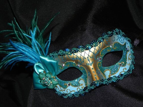 Masquerade Mask in Shades of Teal Turquoise and Gold
