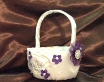 Flower girl basket ivory or white with name embroided any color flowers