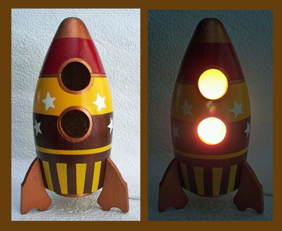 Boys Nightlight Lamp Rocket Ship red yellow copper and